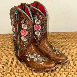 Macie Bean Brown Leather Floral Embroidered Snip Toe Western Boots Kids Size 8